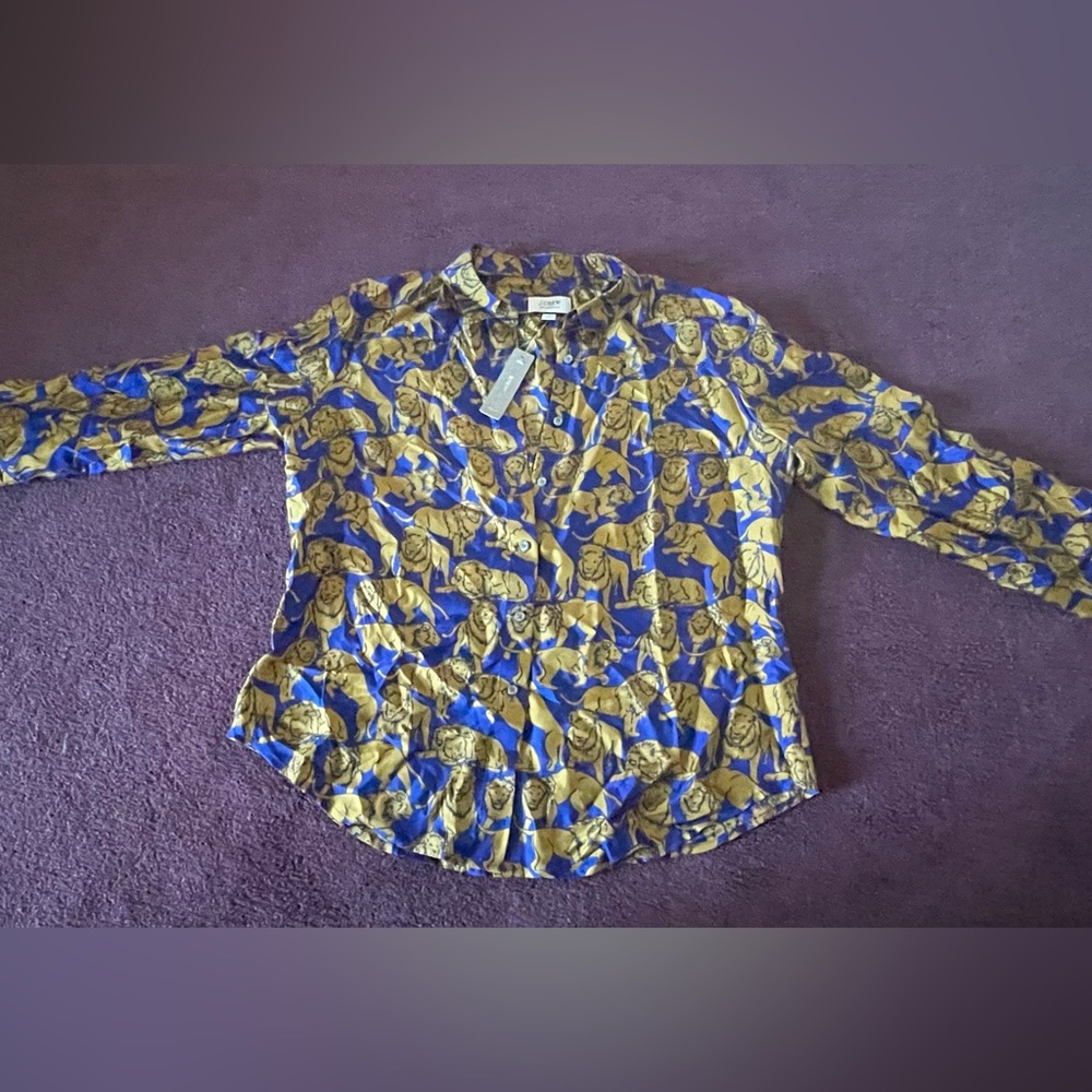 J.Crew Women’s Collection Silk Twill Button-Up Shirt in Sleepy Lion’s Print